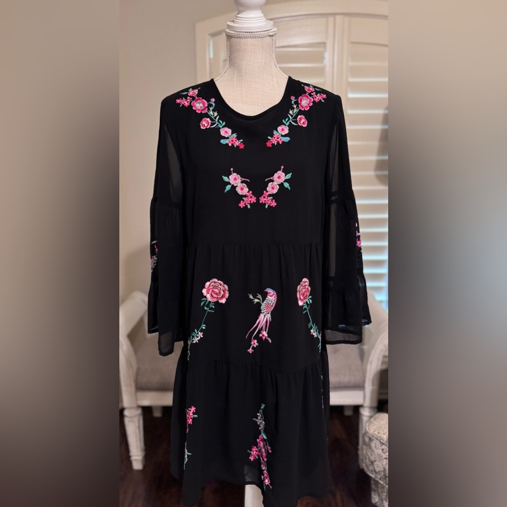 New York & Company Black Floral Embroidered Tiered Dress with Pink Floral Detail